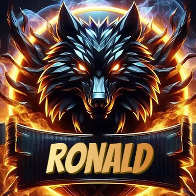 Diseño agresivo y poderoso de cabeza de lobo con ojos brillantes y halo de fuego, nombre incluido. - Ronald