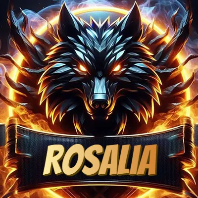 Diseño agresivo y poderoso de cabeza de lobo con ojos brillantes y halo de fuego, nombre incluido. - Rosalia