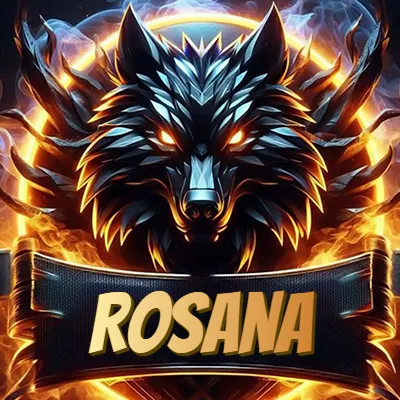 Diseño agresivo y poderoso de cabeza de lobo con ojos brillantes y halo de fuego, nombre incluido. - Rosana