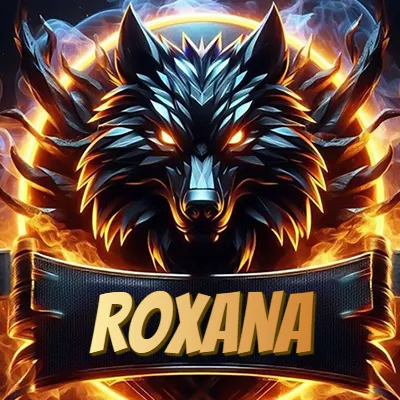 Diseño agresivo y poderoso de cabeza de lobo con ojos brillantes y halo de fuego, nombre incluido. - Roxana Diseño agresivo y poderoso de cabeza de lobo con ojos brillantes y halo de fuego, nombre incluido. - Roxana