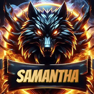 Diseño agresivo y poderoso de cabeza de lobo con ojos brillantes y halo de fuego, nombre incluido. - Samantha