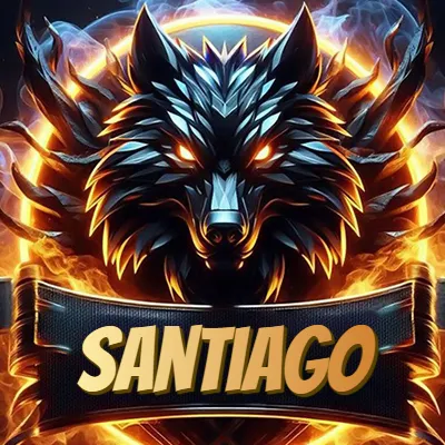 Diseño agresivo y poderoso de cabeza de lobo con ojos brillantes y halo de fuego, nombre incluido. - Santiago