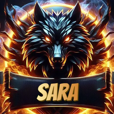 Cabeza de lobo digital imponente con diseño afilado y ángulos geométricos, rodeada por un halo circular de llamas ardientes y humo ascendente que transmite poder y control. El nombre Sara está escrito en negrita ligeramente inclinada dentro de una cinta negra curva justo debajo de la cabeza del lobo.