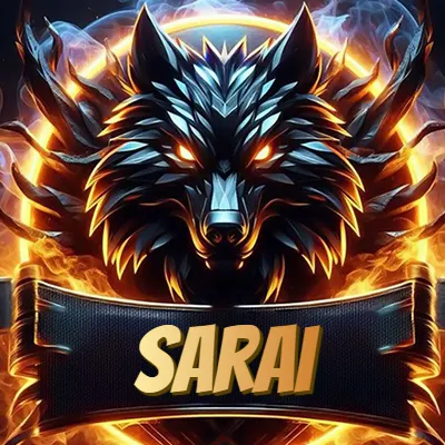 Diseño agresivo y poderoso de cabeza de lobo con ojos brillantes y halo de fuego, nombre incluido. - Sara Diseño agresivo y poderoso de cabeza de lobo con ojos brillantes y halo de fuego, nombre incluido. - Sara