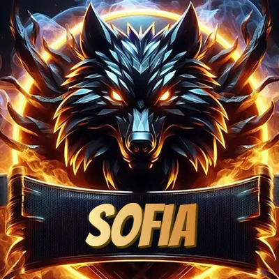 Diseño agresivo y poderoso de cabeza de lobo con ojos brillantes y halo de fuego, nombre incluido. - Sofia
