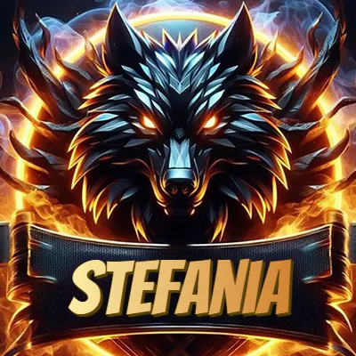 Diseño agresivo y poderoso de cabeza de lobo con ojos brillantes y halo de fuego, nombre incluido. - Stefania