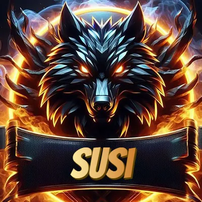 Diseño agresivo y poderoso de cabeza de lobo con ojos brillantes y halo de fuego, nombre incluido. - Susi