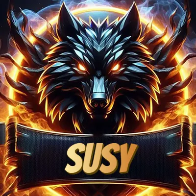 Diseño agresivo y poderoso de cabeza de lobo con ojos brillantes y halo de fuego, nombre incluido. - Susy