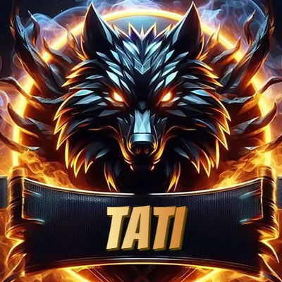 Diseño agresivo y poderoso de cabeza de lobo con ojos brillantes y halo de fuego, nombre incluido. - Tati