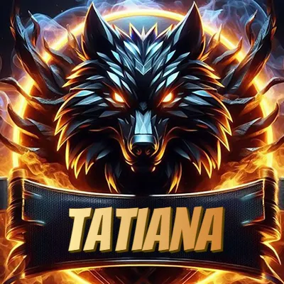 Diseño agresivo y poderoso de cabeza de lobo con ojos brillantes y halo de fuego, nombre incluido. - Tatiana