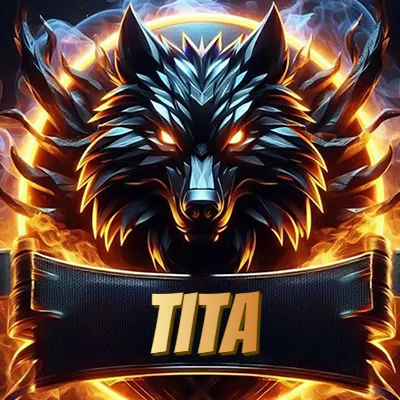 Diseño agresivo y poderoso de cabeza de lobo con ojos brillantes y halo de fuego, nombre incluido. - Tita