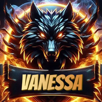 Diseño agresivo y poderoso de cabeza de lobo con ojos brillantes y halo de fuego, nombre incluido. - Vanessa