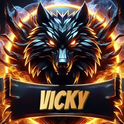 Diseño agresivo y poderoso de cabeza de lobo con ojos brillantes y halo de fuego, nombre incluido. - Vicky