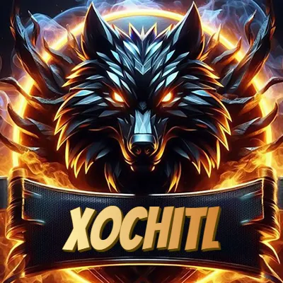 Diseño agresivo y poderoso de cabeza de lobo con ojos brillantes y halo de fuego, nombre incluido. - Xochitl Diseño agresivo y poderoso de cabeza de lobo con ojos brillantes y halo de fuego, nombre incluido. - Xochitl