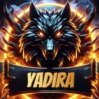 Diseño agresivo y poderoso de cabeza de lobo con ojos brillantes y halo de fuego, nombre incluido. - Yadira