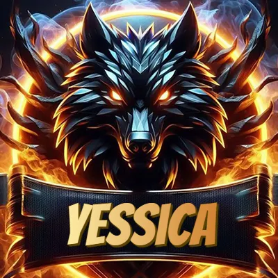 Diseño agresivo y poderoso de cabeza de lobo con ojos brillantes y halo de fuego, nombre incluido. - Yessica