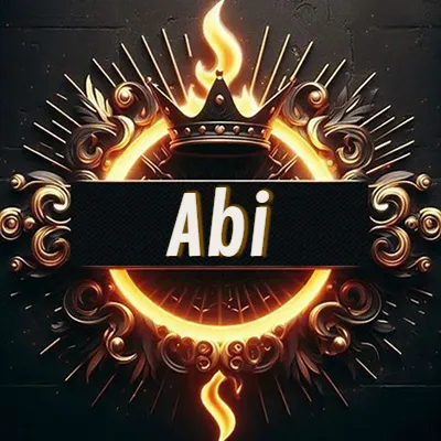 Diseño circular real con adornos dorados, llama de fuego detrás de una corona negra pequeña y nombre en blanco. - Abi Diseño circular real con adornos dorados, llama de fuego detrás de una corona negra pequeña y nombre en blanco. - Abi