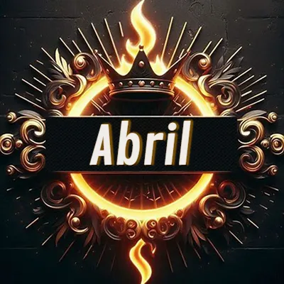 Diseño circular real con adornos dorados, llama de fuego detrás de una corona negra pequeña y nombre en blanco. - Abril Diseño circular real con adornos dorados, llama de fuego detrás de una corona negra pequeña y nombre en blanco. - Abril