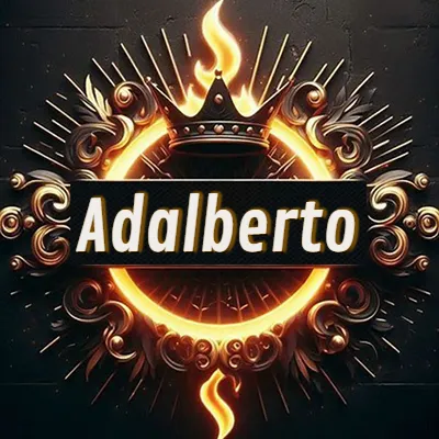 Diseño circular real con adornos dorados, llama de fuego detrás de una corona negra pequeña y nombre en blanco. - Adalberto Diseño circular real con adornos dorados, llama de fuego detrás de una corona negra pequeña y nombre en blanco. - Adalberto