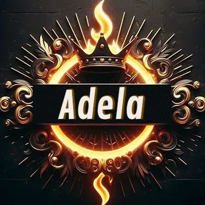 Diseño circular real con adornos dorados, llama de fuego detrás de una corona negra pequeña y nombre en blanco. - Adela