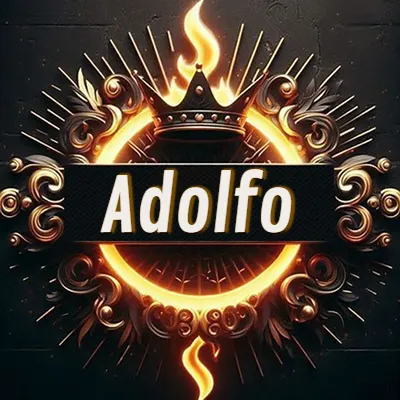 Diseño circular real con adornos dorados, llama de fuego detrás de una corona negra pequeña y nombre en blanco. - Adolfo