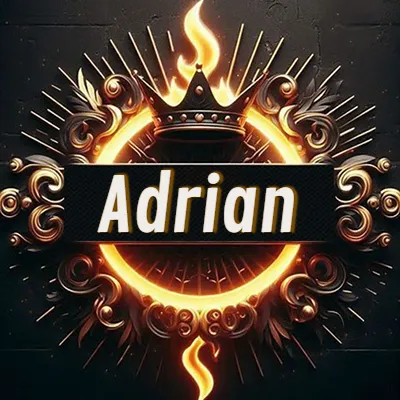 Diseño circular real con adornos dorados, llama de fuego detrás de una corona negra pequeña y nombre en blanco. - Adrian