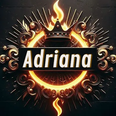 Diseño circular real con adornos dorados, llama de fuego detrás de una corona negra pequeña y nombre en blanco. - Adriana