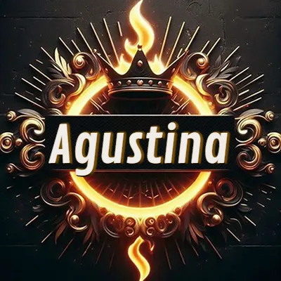 Diseño circular real con adornos dorados, llama de fuego detrás de una corona negra pequeña y nombre en blanco. - Agustin