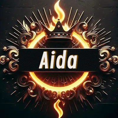 Diseño circular real con adornos dorados, llama de fuego detrás de una corona negra pequeña y nombre en blanco. - Aida