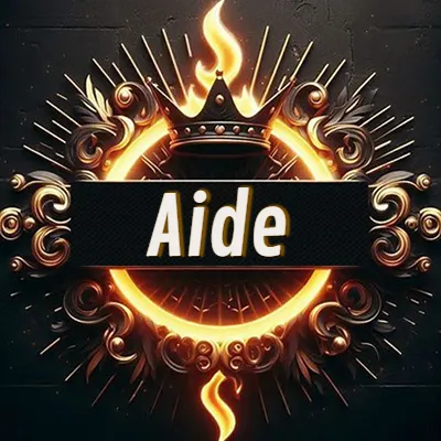 Diseño circular real con adornos dorados, llama de fuego detrás de una corona negra pequeña y nombre en blanco. - Aide