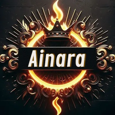 Diseño circular real con adornos dorados, llama de fuego detrás de una corona negra pequeña y nombre en blanco. - Ainara