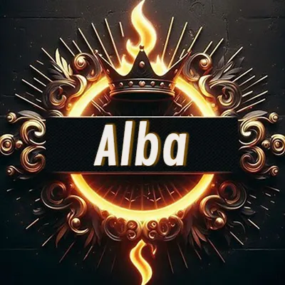 Diseño circular real con adornos dorados, llama de fuego detrás de una corona negra pequeña y nombre en blanco. - Alba