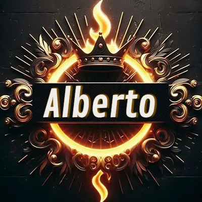 Diseño circular real con adornos dorados, llama de fuego detrás de una corona negra pequeña y nombre en blanco. - Alberto