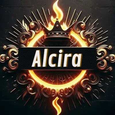 Diseño circular real con adornos dorados, llama de fuego detrás de una corona negra pequeña y nombre en blanco. - Alcira