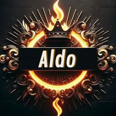 Diseño circular real con adornos dorados, llama de fuego detrás de una corona negra pequeña y nombre en blanco. - Aldo