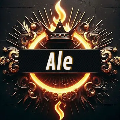 Panel artístico circular con una llama dorada y una corona negra en el centro, rodeado de ornamentos espirales dorados entrelazados que emanan una luz cálida sobre un fondo de muro de piedra oscura. El nombre Ale está escrito en blanco destacado dentro de un rectángulo negro horizontal que cruza la mitad del diseño circular.