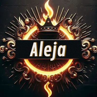 Panel artístico circular con una llama dorada y una corona negra en el centro, rodeado de ornamentos espirales dorados entrelazados que emanan una luz cálida sobre un fondo de muro de piedra oscura. El nombre Aleja está escrito en blanco destacado dentro de un rectángulo negro horizontal que cruza la mitad del diseño circular.