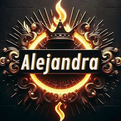 Diseño circular real con adornos dorados, llama de fuego detrás de una corona negra pequeña y nombre en blanco. - Alejandra