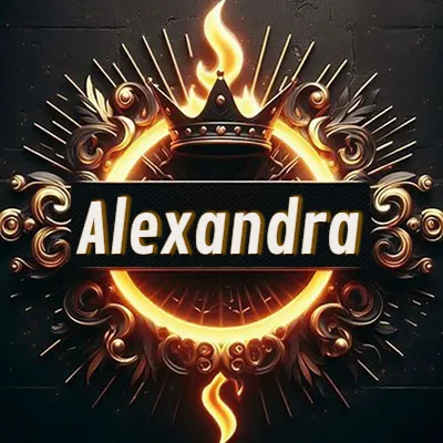 Diseño circular real con adornos dorados, llama de fuego detrás de una corona negra pequeña y nombre en blanco. - Alex