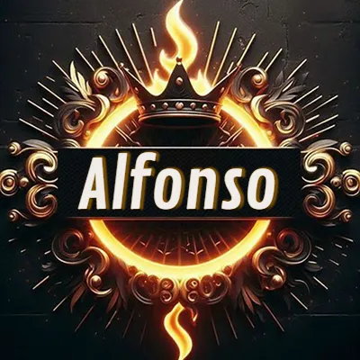 Diseño circular real con adornos dorados, llama de fuego detrás de una corona negra pequeña y nombre en blanco. - Alfonso Diseño circular real con adornos dorados, llama de fuego detrás de una corona negra pequeña y nombre en blanco. - Alfonso