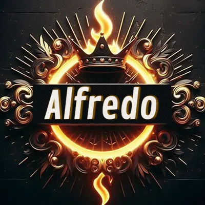 Diseño circular real con adornos dorados, llama de fuego detrás de una corona negra pequeña y nombre en blanco. - Alfredo Diseño circular real con adornos dorados, llama de fuego detrás de una corona negra pequeña y nombre en blanco. - Alfredo