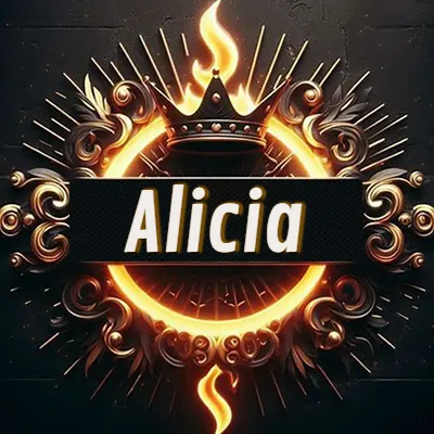 Diseño circular real con adornos dorados, llama de fuego detrás de una corona negra pequeña y nombre en blanco. - Alicia