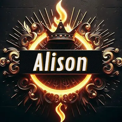 Diseño circular real con adornos dorados, llama de fuego detrás de una corona negra pequeña y nombre en blanco. - Alison