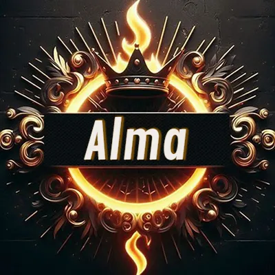 Diseño circular real con adornos dorados, llama de fuego detrás de una corona negra pequeña y nombre en blanco. - Alma