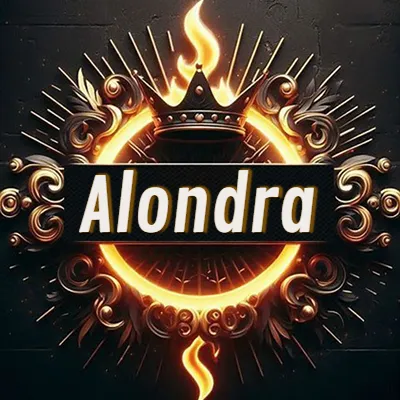 Diseño circular real con adornos dorados, llama de fuego detrás de una corona negra pequeña y nombre en blanco. - Alondra