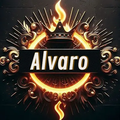 Diseño circular real con adornos dorados, llama de fuego detrás de una corona negra pequeña y nombre en blanco. - Alvaro