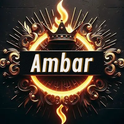 Diseño circular real con adornos dorados, llama de fuego detrás de una corona negra pequeña y nombre en blanco. - Ambar