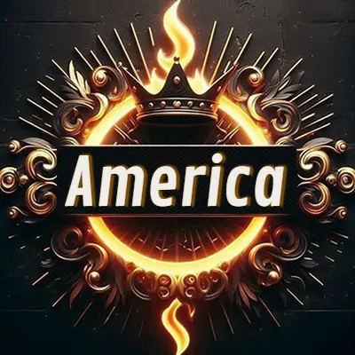 Diseño circular real con adornos dorados, llama de fuego detrás de una corona negra pequeña y nombre en blanco. - America