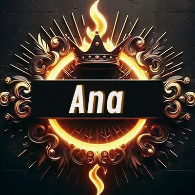 Panel artístico circular con una llama dorada y una corona negra en el centro, rodeado de ornamentos espirales dorados entrelazados que emanan una luz cálida sobre un fondo de muro de piedra oscura. El nombre Ana está escrito en blanco destacado dentro de un rectángulo negro horizontal que cruza la mitad del diseño circular.