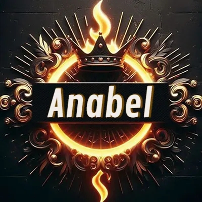 Diseño circular real con adornos dorados, llama de fuego detrás de una corona negra pequeña y nombre en blanco. - Anabel